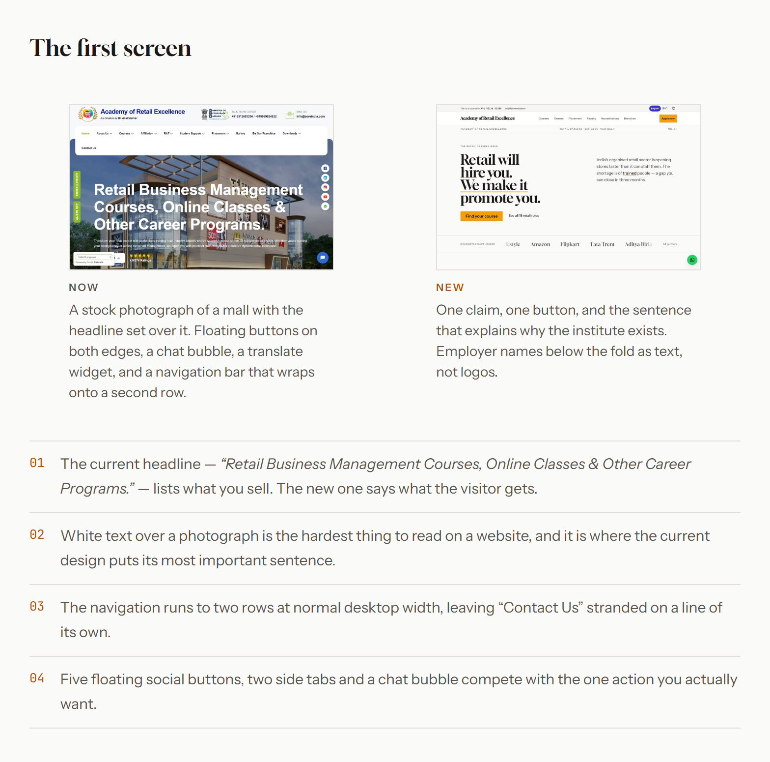 The first screen, before and after: a stock mall with white text over it, then one claim and one button