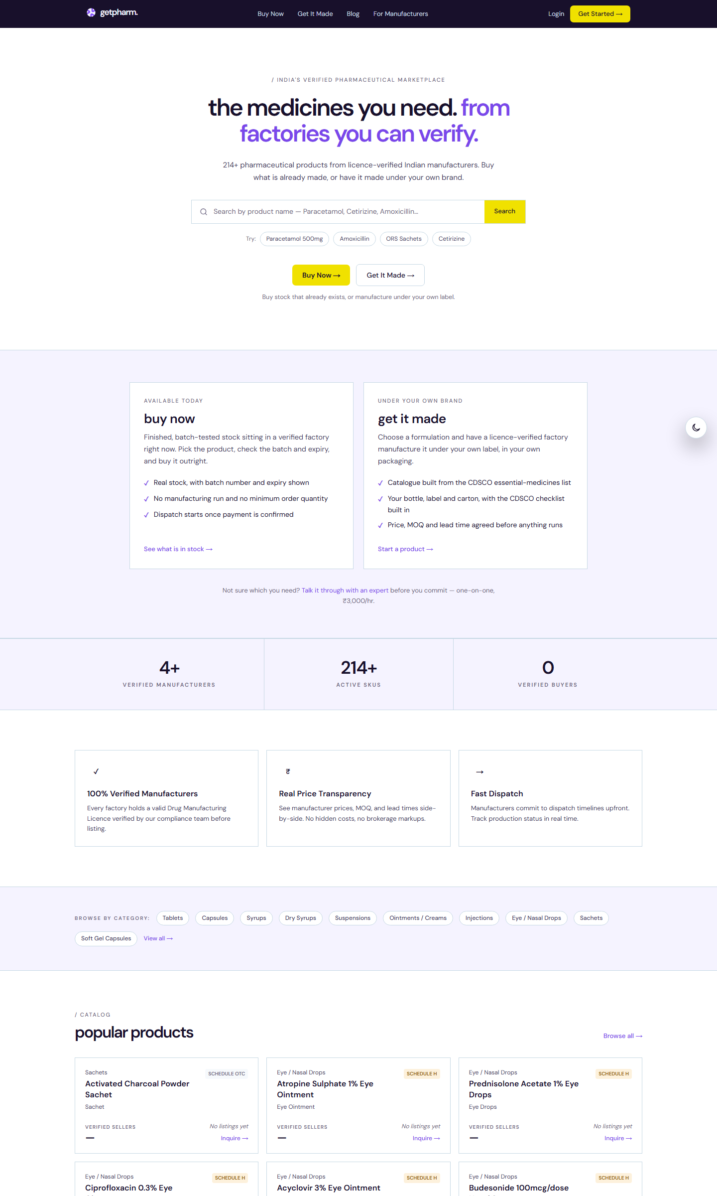 The GetPharm home page at desktop width, the full first screens