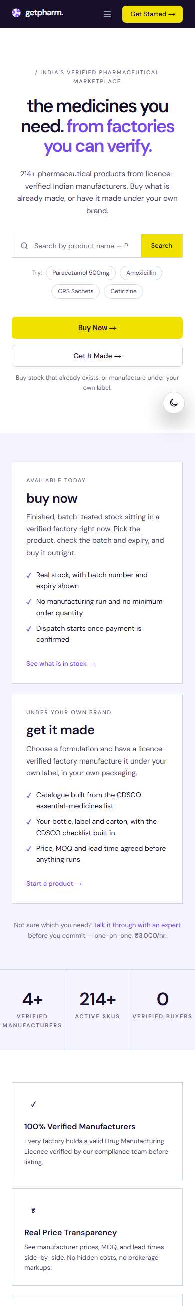 The GetPharm home page at phone width