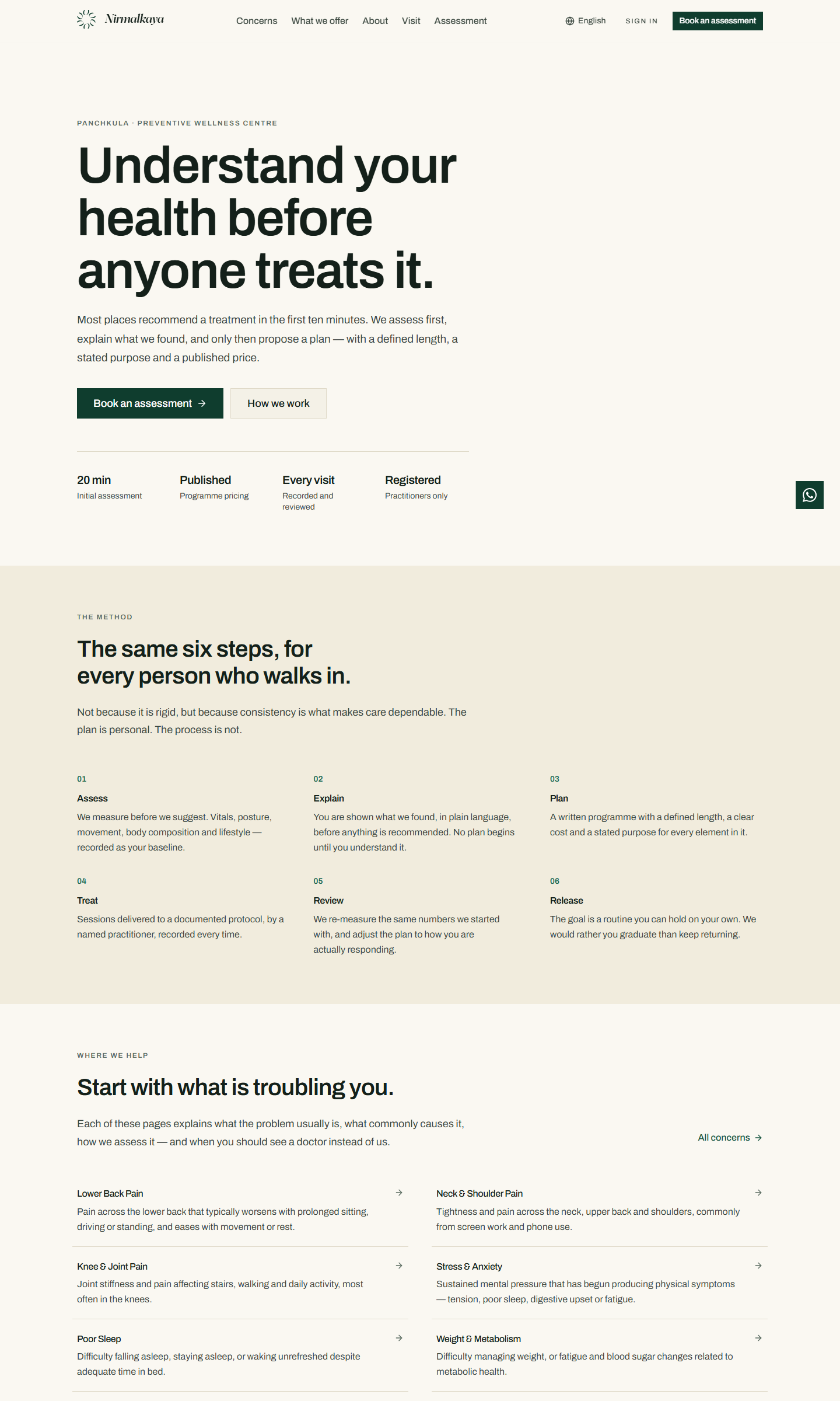 The Nirmalkaya home page at desktop width, the full first screens